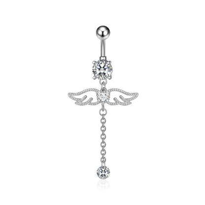 Zircon Crystal Belly Button Ring Dangle Wing Piercing Nombril Ombligo Surgical Steel Barbell Heart Round Navel Stud Body Jewelry 2575-SR