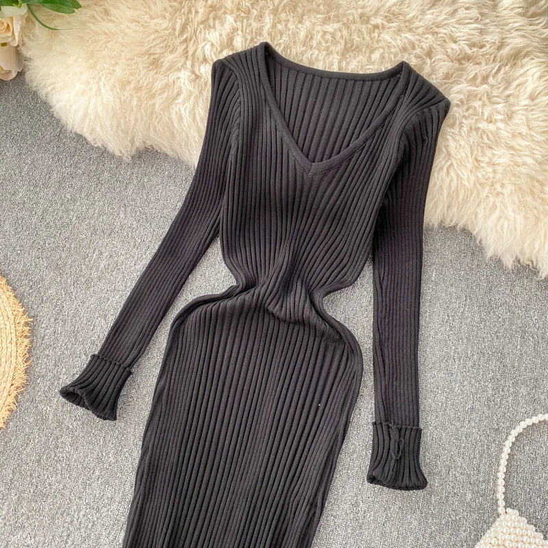SINGRAIN Women Autumn Knitted Dress V Neck Sexy Slim Elastic Oversized Basic Bodycon Long Dress Winter knit Warm Sweater Dresses