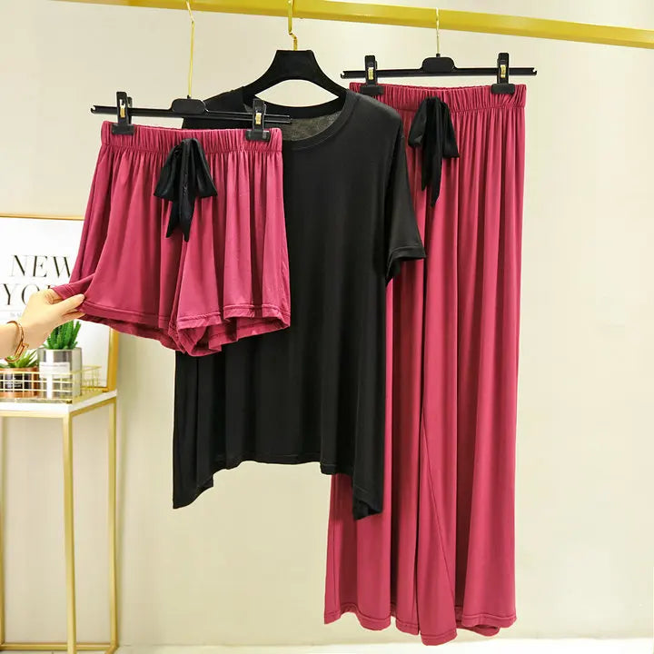 Fdfklak Short-Sleeved Shorts + Trousers Women 3 Pcs Home Suit Summer New Pajamas Modal Nightwear Pyjama Femme Sleeping Clothes