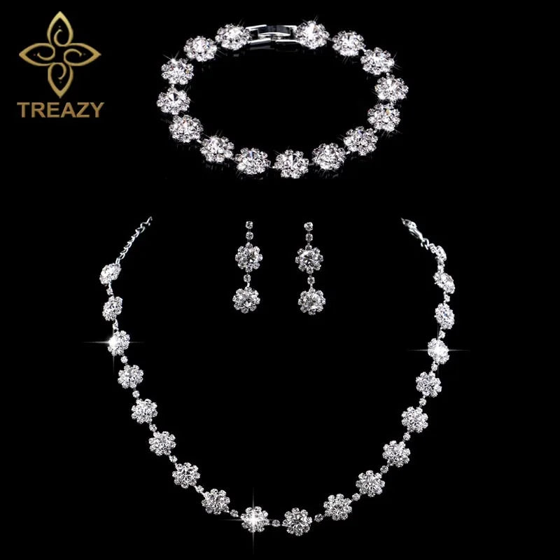 TREAZY Silver Color Rhinestone Crystal Bridal Jewelry Sets for Women Necklace Earrings Bracelet Set Wedding Jewelry Accessories style 8 Clear