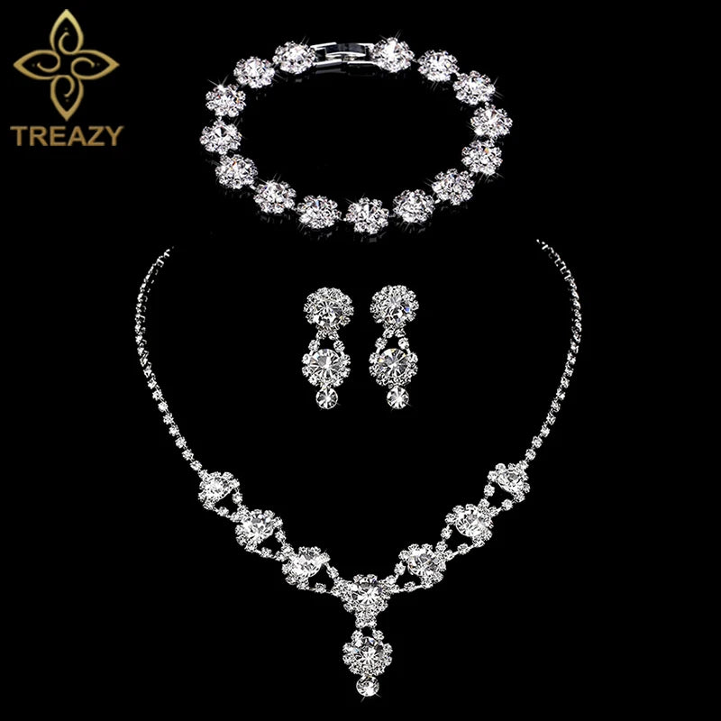 TREAZY Silver Color Rhinestone Crystal Bridal Jewelry Sets for Women Necklace Earrings Bracelet Set Wedding Jewelry Accessories style 20 Clear