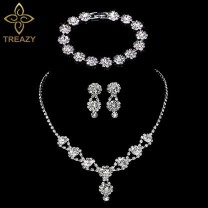 TREAZY Silver Color Rhinestone Crystal Bridal Jewelry Sets for Women Necklace Earrings Bracelet Set Wedding Jewelry Accessories style 20 Clear