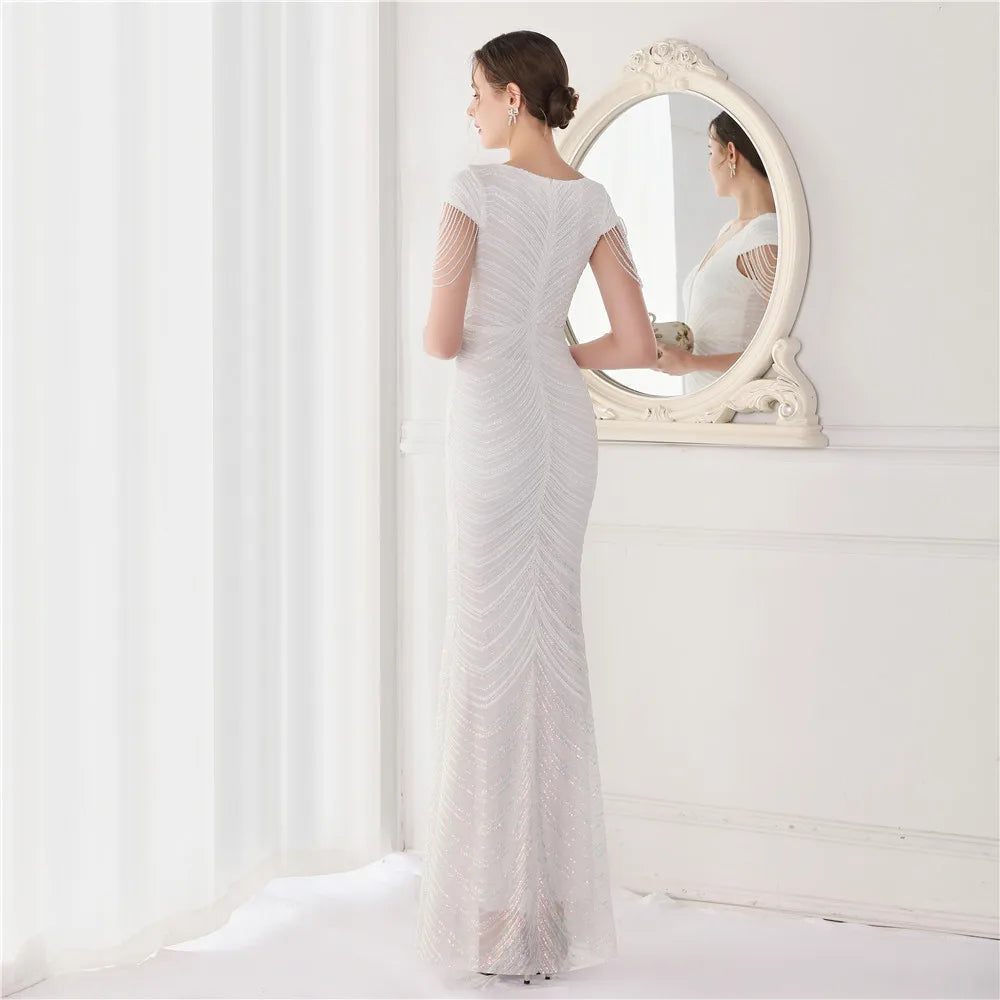 DEERVEADO Elegant V Neck Mermaid Evening Dress Long Luxury Beads Women Evening Party Dresses 2025 New Formal Dress 19085 Badiee Stylez