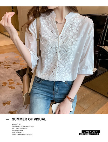 Summer Floral Embroidery Lace Blouse Fashion Women V Neck Casual Shirt Chic Short Sleeve Hollow Out Tops Elegant Blusas 24350