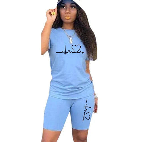 Summer Women Two Piece Set Sportswear T-Shirts and Shorts Ladies Casual O-Neck Pullover Short Sleeve T-Shirt Casual Tracksuit light blue