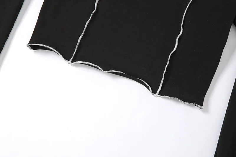 Patchwork Black T-shirts Gothic One Shoulder Sleeve Y2k Crop Tops Ruffles Hem Hip Hop Techwear Women Tees