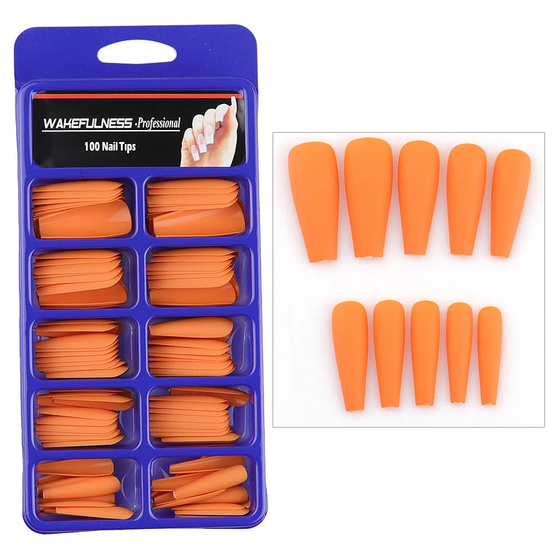 WAKEFULNESS 100Pcs/Set Matte Fake Nail Art Tips Long Ballerina Coffin Nails ABS Full Cover Fasle Nails Tools Manicure 853