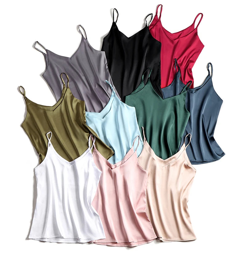 Spaghetti Strap Top Women Halter V Neck Basic White Cami Sleeveless Satin Silk Tank Tops Women'S Summer 2025 Camisole