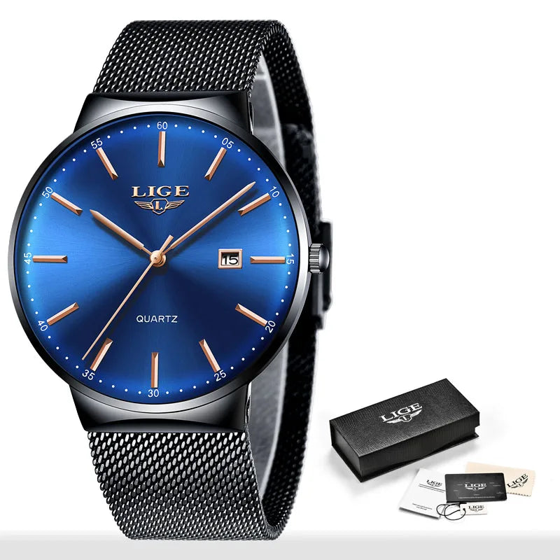 LIGE Fashion Luxury Womens Watch Ultra-thin Steel Mesh Strap Quartz Wristwatch Women Clock Casual Waterproof Watches Reloj Mujer Black blue gold CHINA