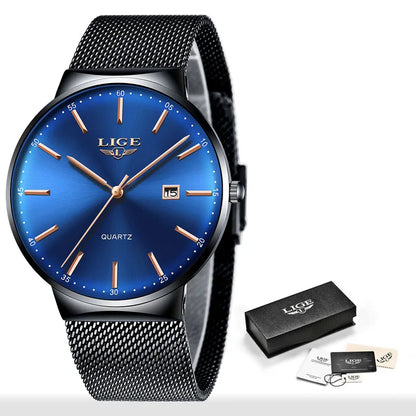 LIGE Fashion Luxury Womens Watch Ultra-thin Steel Mesh Strap Quartz Wristwatch Women Clock Casual Waterproof Watches Reloj Mujer Black blue gold CHINA