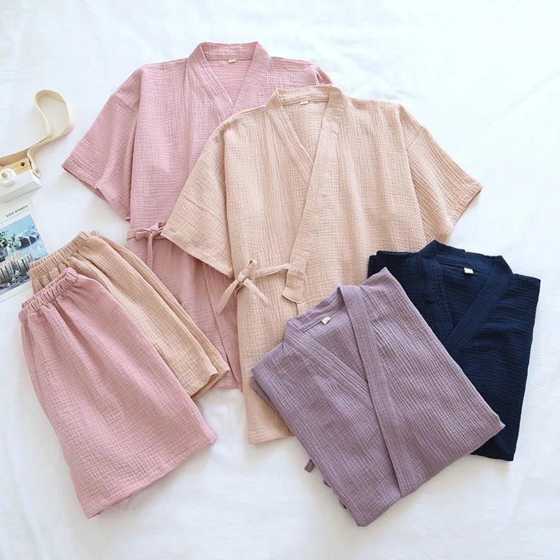 Summer Japanese Couples Pajamas Thin Cotton Gauze Crepe Short Sleeve Shorts Kimono Men and Women Home Clothes 2 Piece Sleepwear