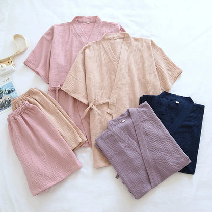 Summer Japanese Couples Pajamas Thin Cotton Gauze Crepe Short Sleeve Shorts Kimono Men and Women Home Clothes 2 Piece Sleepwear