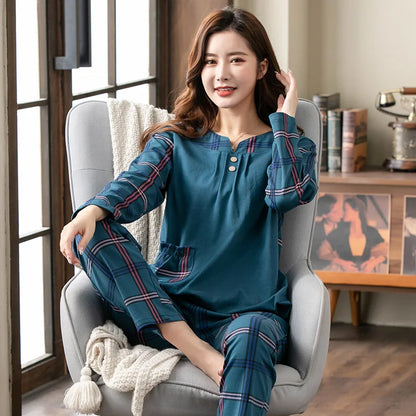 Big yards M-4XL v-neck long sleeve pajamas set for women floral print nightwear autumn cotton sleepwear nightie female pyjama TM8425