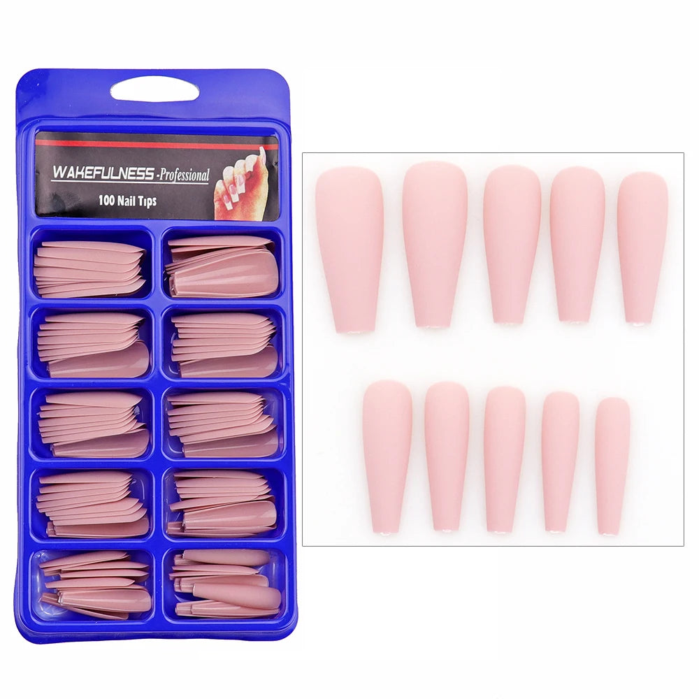 WAKEFULNESS 100Pcs/Set Matte Fake Nail Art Tips Long Ballerina Coffin Nails ABS Full Cover Fasle Nails Tools Manicure 04