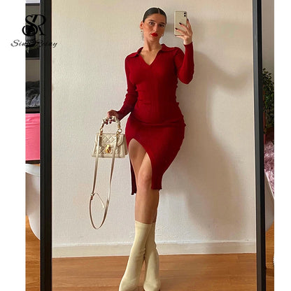 SINGREINY Women Korean Knitted Dress Long Sleeve V Neck Elastic Slim Pencil Dresses 2021 Autumn Sexy Bodycon Split Sweater Dress