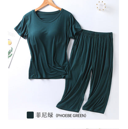 2025 summer new ladies modal pajamas two-piece suit with chest pad short-sleeved cropped trousers plus size home service set