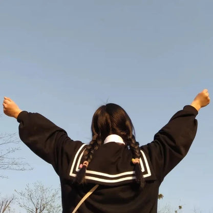 Deeptown Kawaii Zip Up Hoodies Black Japanese Preppy Style Sailor Collar Sweatshirts Sweet Lolita Coats Loose Cute Top Soft Girl