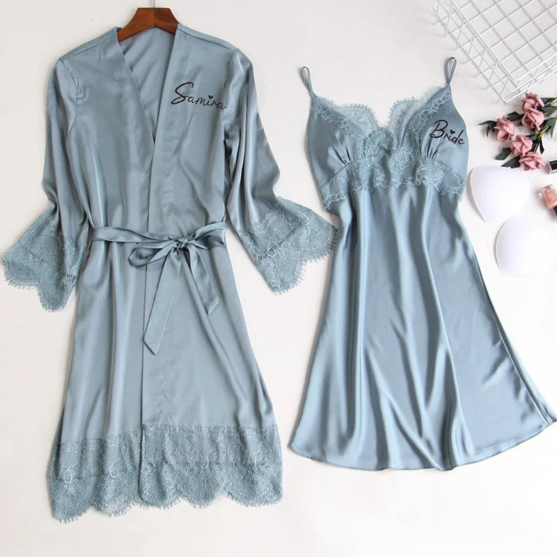 Personalized name Women Kimono Bathrobe Bride Bridesmaid Wedding Robe Set Lace Trim Sleepwear Casual Home Clothes Nightwear blue-gray robe gown