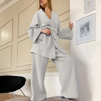 NHKDSASA Kimono Pajamas 2023 New 100% Cotton Crepe Long-Sleeved Trousers Ladies Sleepwear Suit Women's Home Service Mujer Gray