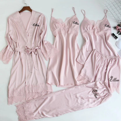 Personalized name Women Kimono Bathrobe Bride Bridesmaid Wedding Robe Set Lace Trim Sleepwear Casual Home Clothes Nightwear blush 5pcs set