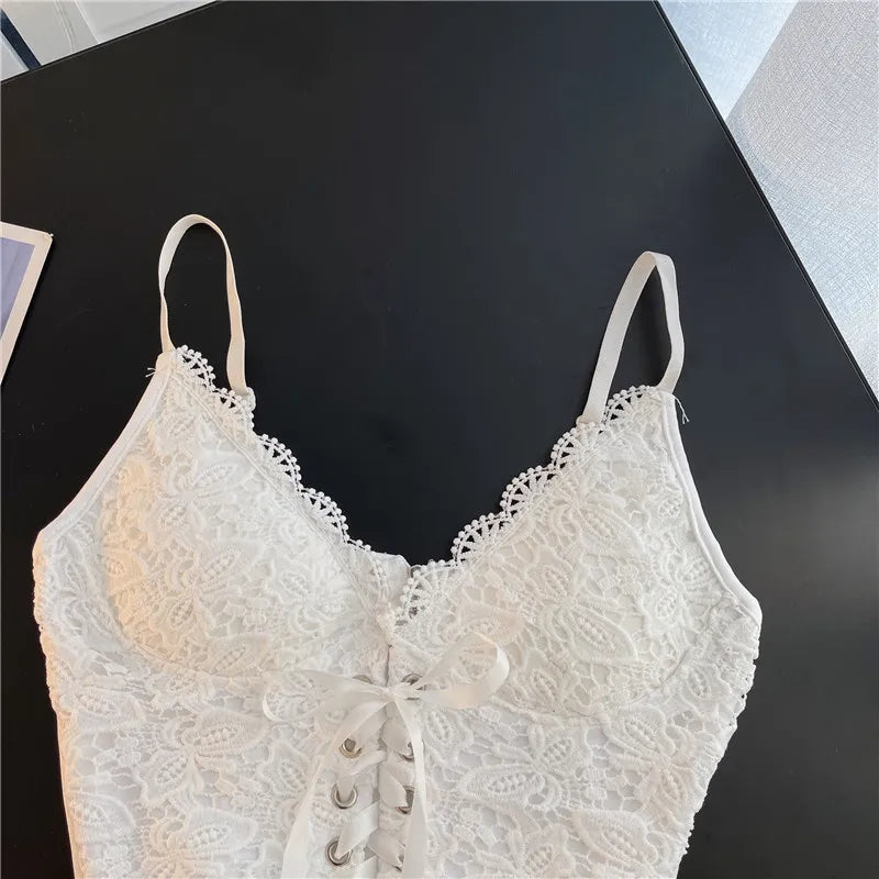 SINGREINY Sexy Lace Strap Crop Tops For Women Fashion Sleeveless Design Corset Bustier Party Top Summer Bralette Short Camisole