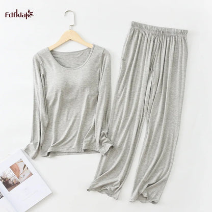 Pijama Feminino New Long Sleeve Trousers Set Modal Cotton Sleepwear Women Casual Bra Padded Winter Underwear Suit Female