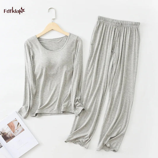 Pijama Feminino New Long Sleeve Trousers Set Modal Cotton Sleepwear Women Casual Bra Padded Winter Underwear Suit Female