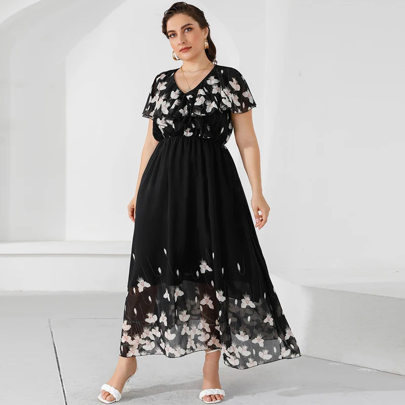Plus Size Casual Women's Dresses 2024 Summer Ruffles V Neck Short Sleeve Floral Maxi Long Dress Black Chiffon Boho Beach Dresses black