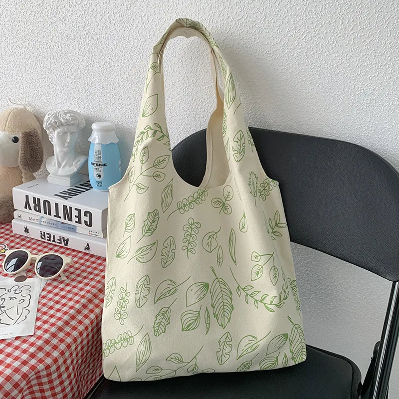 Women Canvas Leaves Flower Tote Shopper Bags Ladies Casual Cotton Cloth Shoulder Bag Eco Reusable Shopping Bag Girl Beach Travel
