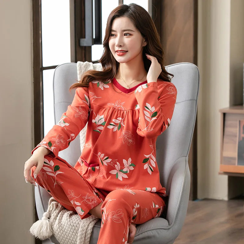 Big yards M-4XL v-neck long sleeve pajamas set for women floral print nightwear autumn cotton sleepwear nightie female pyjama TM8432