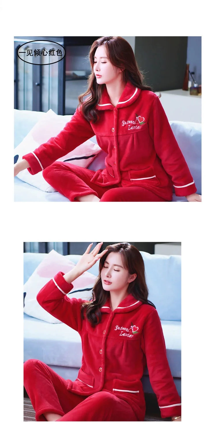 Autumn Winter Thicken Flannel Women Pajamas Set Two-piece suit Warm Loose Long-sleeve Female Casual Home service Single-breasted