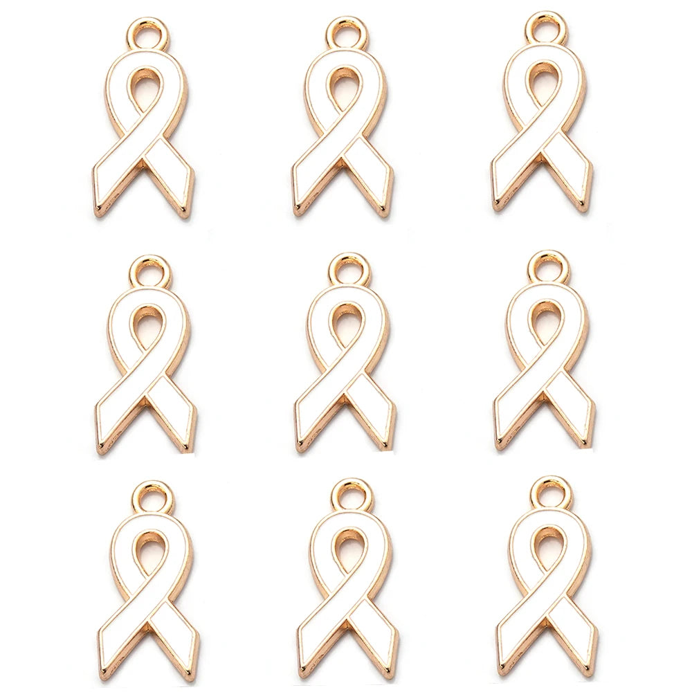 10pcs/lot Breast Cancer Awareness Ribbon Pendant Pink Ribbon Charm Pendants DIY Accessories for Women Jewelry Necklace Bracelet Gold white