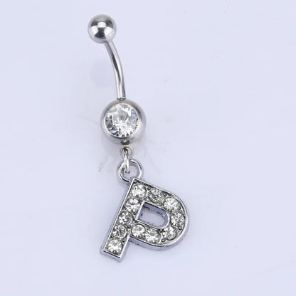 1Pc Letter Belly Button Ring Rhinestone Alphabet Pendant Navel Body Piercing Jewelry Silver Colour Nombril Piercing Gift Women P