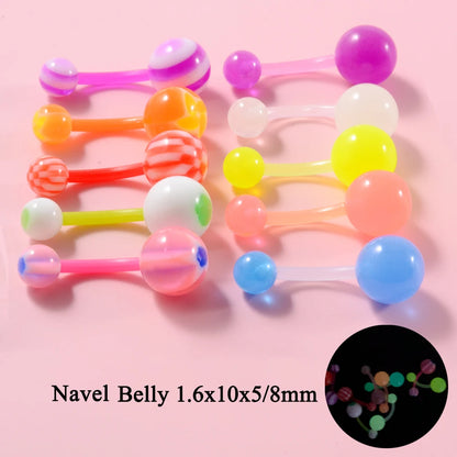 10/14pcs/Set Luminous Surgical Steel Tongue BCR Navel Belly Ring Acrylic Glow in the Dark Ball Labret Stud Body Piercing Jewelry 10pcs Navel Ring CHINA