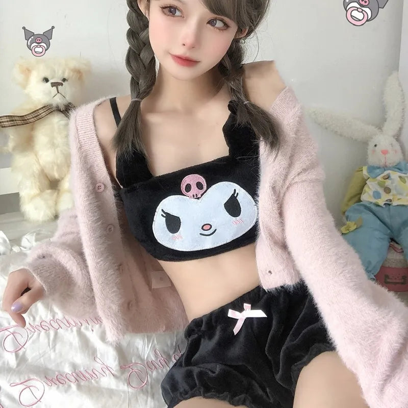 Kawaii Pajamas Camis Comfortable Plush Shorts Homewear Cute Cartoon Sleepwear Milk Silk Women's Underwear Set C026-1-black