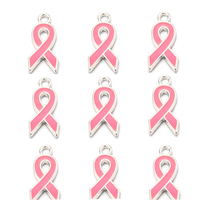 10pcs/lot Breast Cancer Awareness Ribbon Pendant Pink Ribbon Charm Pendants DIY Accessories for Women Jewelry Necklace Bracelet Silver pink