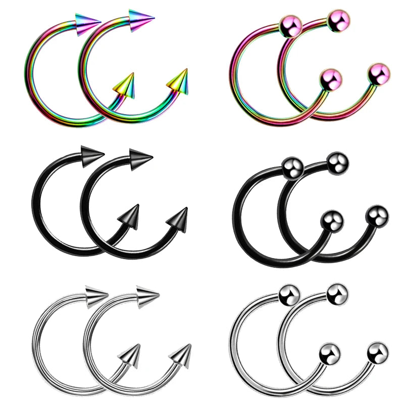 2pcs Stainless Steel Nose Hoop Ring Septum Rings Lip Studs Nostril Earrings Circular Tragus Ear Piercing Horseshoe Body Jewelry Badiee Stylez