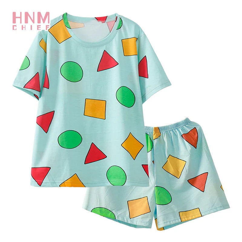 Summer Casual Couple Pajama Sets Lovely Cartoon Print Short Sleeve Sleepwear Pajamas Suit Daily Fashion Loose Homewear Nightgown