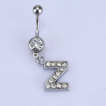 1Pc Letter Belly Button Ring Rhinestone Alphabet Pendant Navel Body Piercing Jewelry Silver Colour Nombril Piercing Gift Women Z
