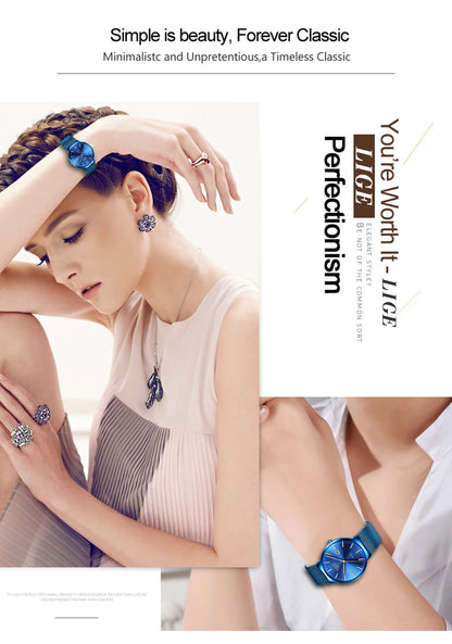 LIGE Fashion Luxury Womens Watch Ultra-thin Steel Mesh Strap Quartz Wristwatch Women Clock Casual Waterproof Watches Reloj Mujer