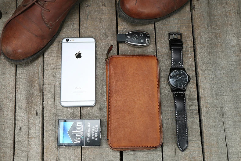 Vintage Genuine leather wallet Men leather long wallet men purse clutch bag male money clips zip around money bag card holder