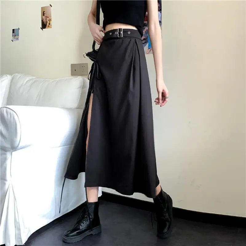 Vintage Dark Gothic High Split Mid-Calf Skirts Women Elegant Fashion Party Club High Waist Femme Bottom Streetwear Goth Skirt