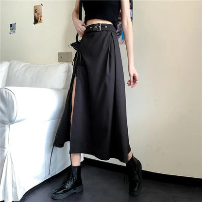 Vintage Dark Gothic High Split Mid-Calf Skirts Women Elegant Fashion Party Club High Waist Femme Bottom Streetwear Goth Skirt