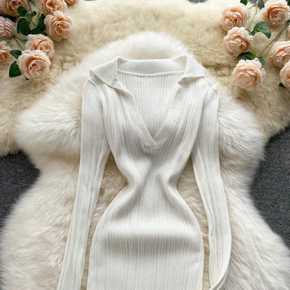 SINGREINY Women Korean Knitted Dress Long Sleeve V Neck Elastic Slim Pencil Dresses 2021 Autumn Sexy Bodycon Split Sweater Dress
