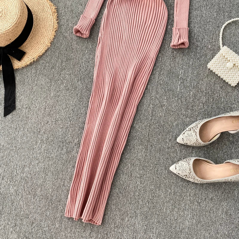 SINGRAIN Women Autumn Knitted Dress V Neck Sexy Slim Elastic Oversized Basic Bodycon Long Dress Winter knit Warm Sweater Dresses