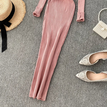 SINGRAIN Women Autumn Knitted Dress V Neck Sexy Slim Elastic Oversized Basic Bodycon Long Dress Winter knit Warm Sweater Dresses