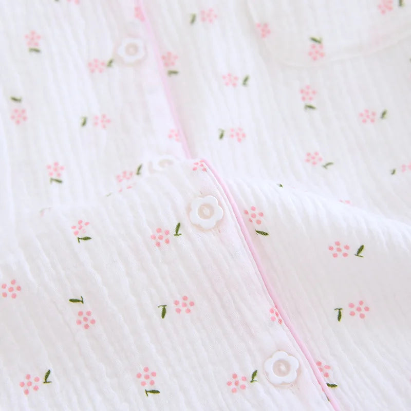 Fdfklak Spring Fall Full Sleeve Homewear Loose 2Pcs Pajama Set 100% Gauze Cotton Casual Print Sleeping Shirt Home Wear Clothes