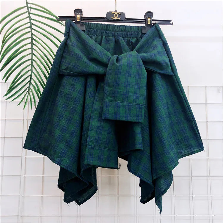 TOTRUST Fashion College Asymmetrical Skirt Women Summer Plaid Skirt Women Casual Students Fake Shirt Mini Skirt Female Saia