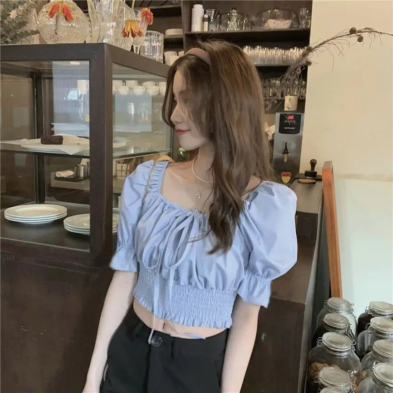 Off Shoulder Lace Up Bow Crop Top Blouse Women Summer Shirring Puff Short Sleeve Female Shirts Sweet Ruffle Tunic Korean Fashion