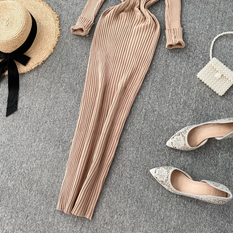 SINGRAIN Women Autumn Knitted Dress V Neck Sexy Slim Elastic Oversized Basic Bodycon Long Dress Winter knit Warm Sweater Dresses